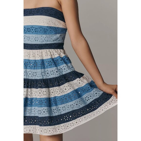 Maeve Strapless Cotton Eyelet Detail Blue Stripe Fit and Flare Dress M - Picture 3 of 5